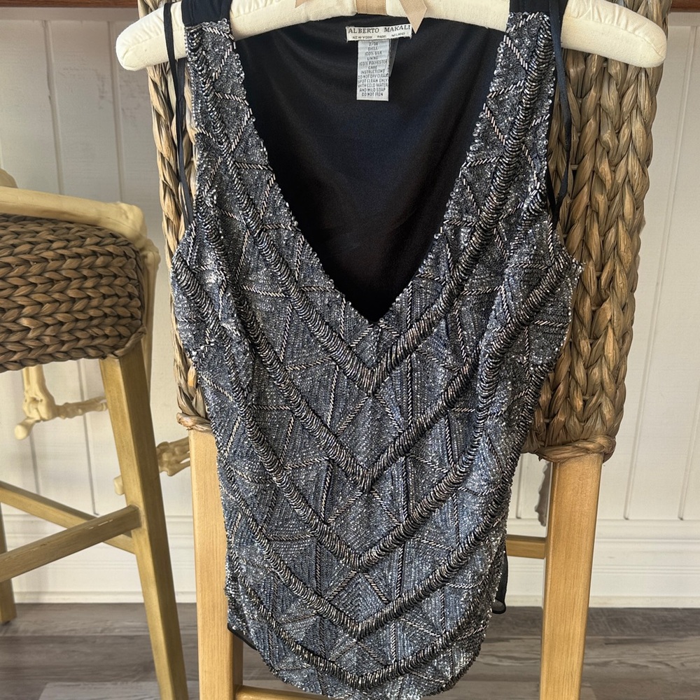 Black and Silver Beaded Chevron Blouse